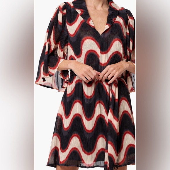 Ceibon Juni Wave Print Dress Black Cream Rust Pleated Shawl Collar Bell Sleeve S - Picture 3 of 13